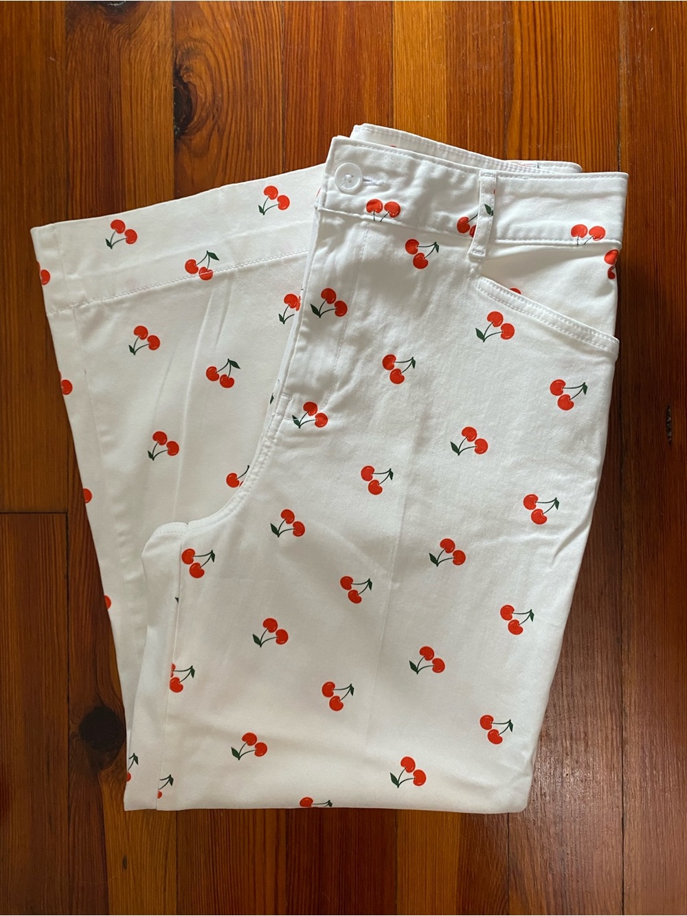 Bagatelle White Wide Leg Pants with Red Cherry Motif